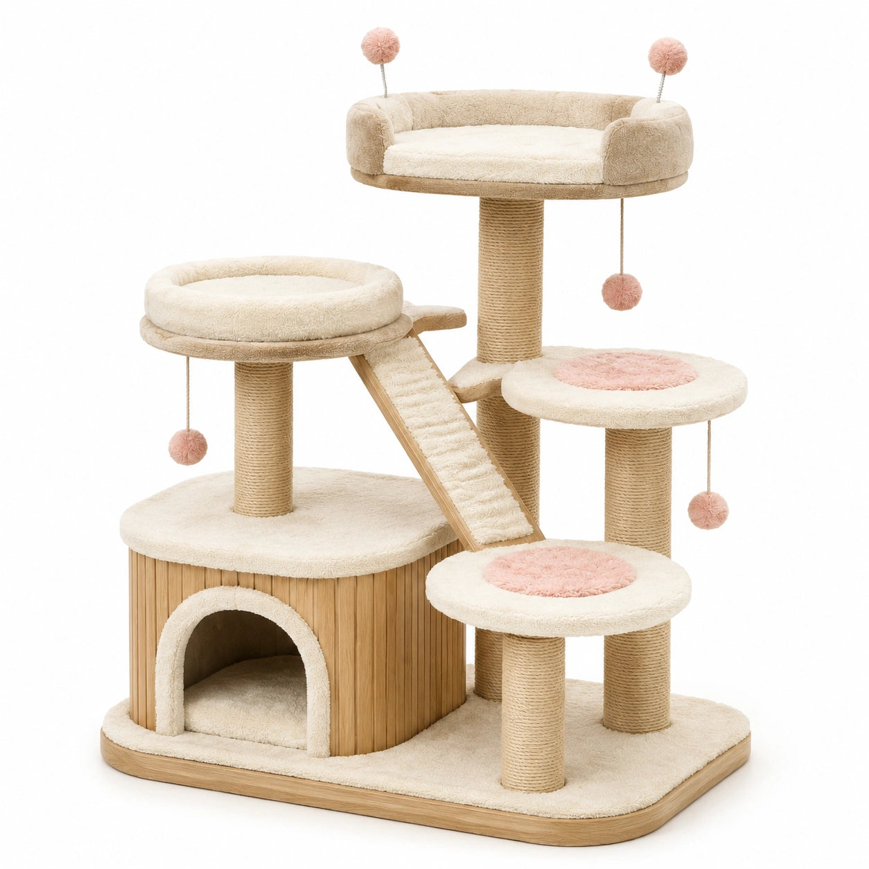 Arbre à chat en bois et jute beige/rose avec coussins peluche