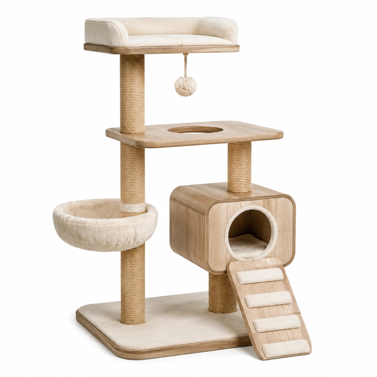 Arbre à chat en bois avec paniers et cachette en polaire et jute