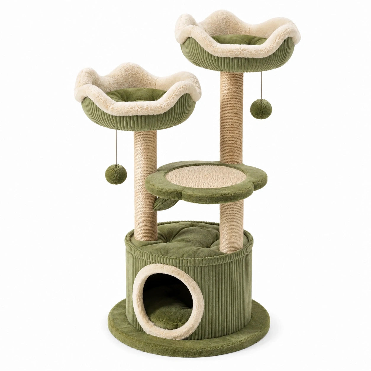 Arbre à chat en bois MDF et sisal vert avec niches et jouets suspendus