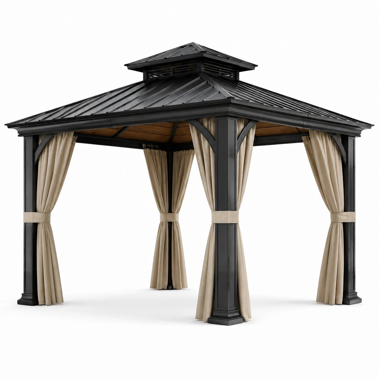 Pavillon de jardin en aluminium avec toit en acier et rideaux polyester 3x3m noir et beige