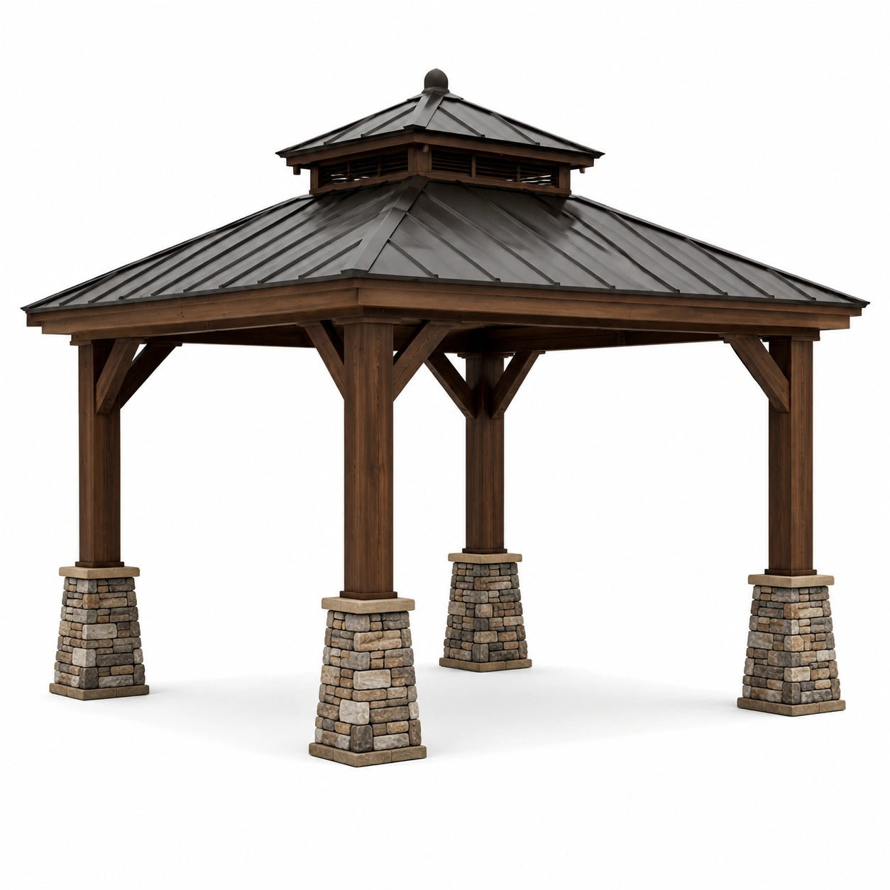 Pavillon en bois avec toit métallique et colonnes en pierre 400x300 cm