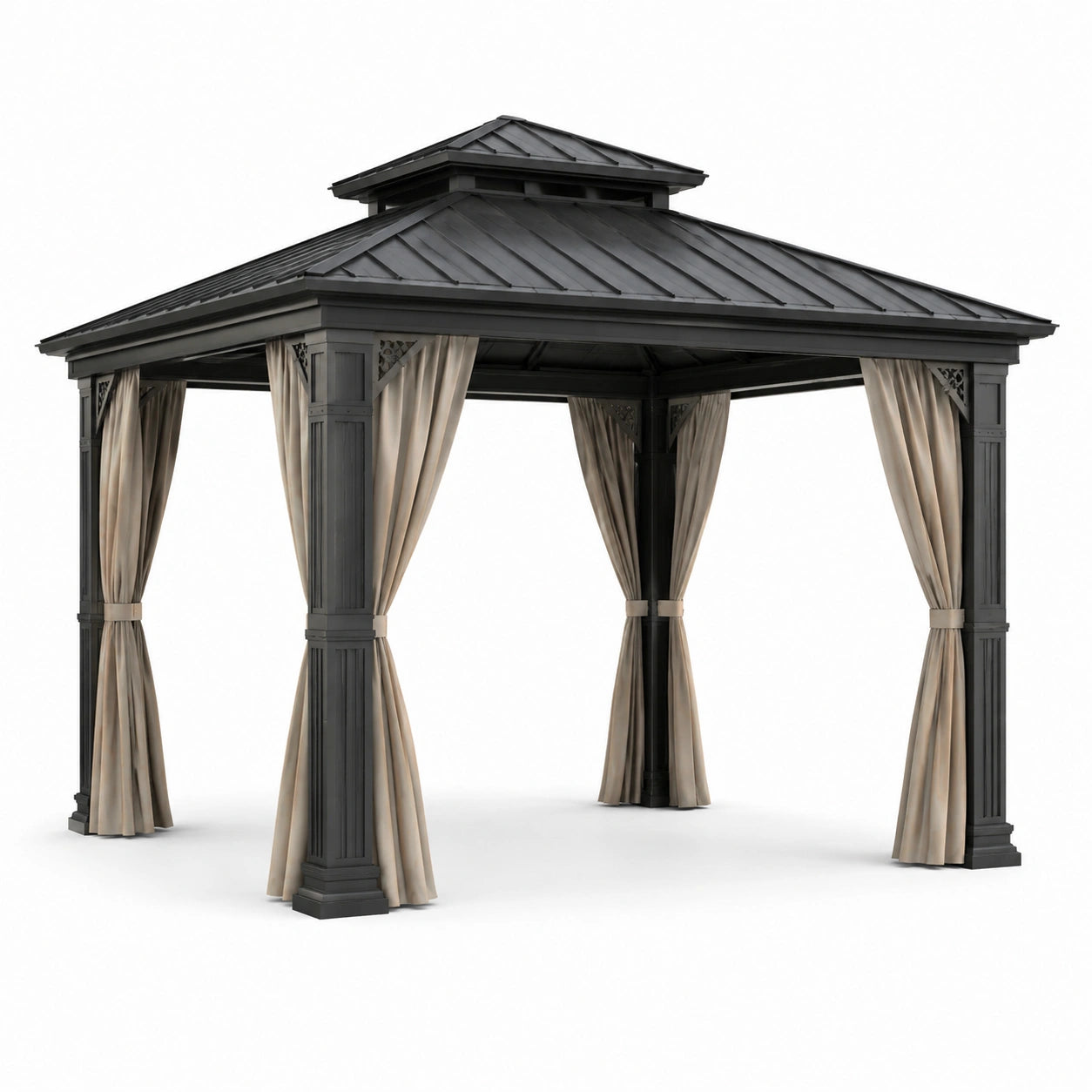 Pavillon en métal noir avec rideaux en polyester 3x3x2.7m