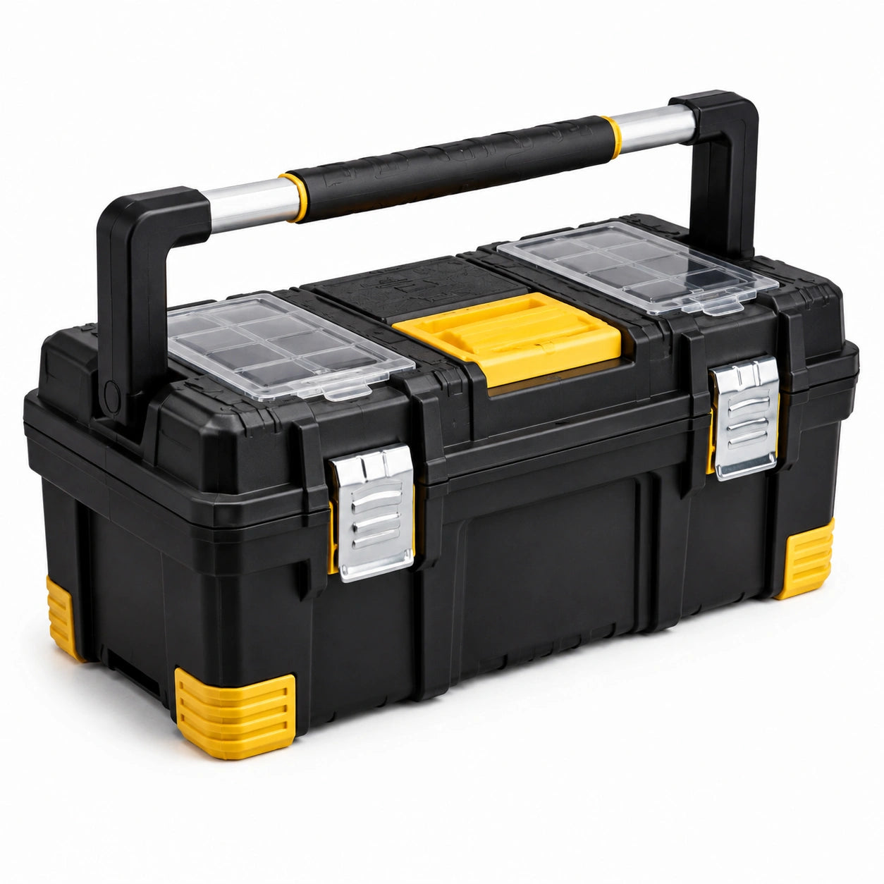 Boîte à outils plastique avec poignées métalliques et compartiments modulables