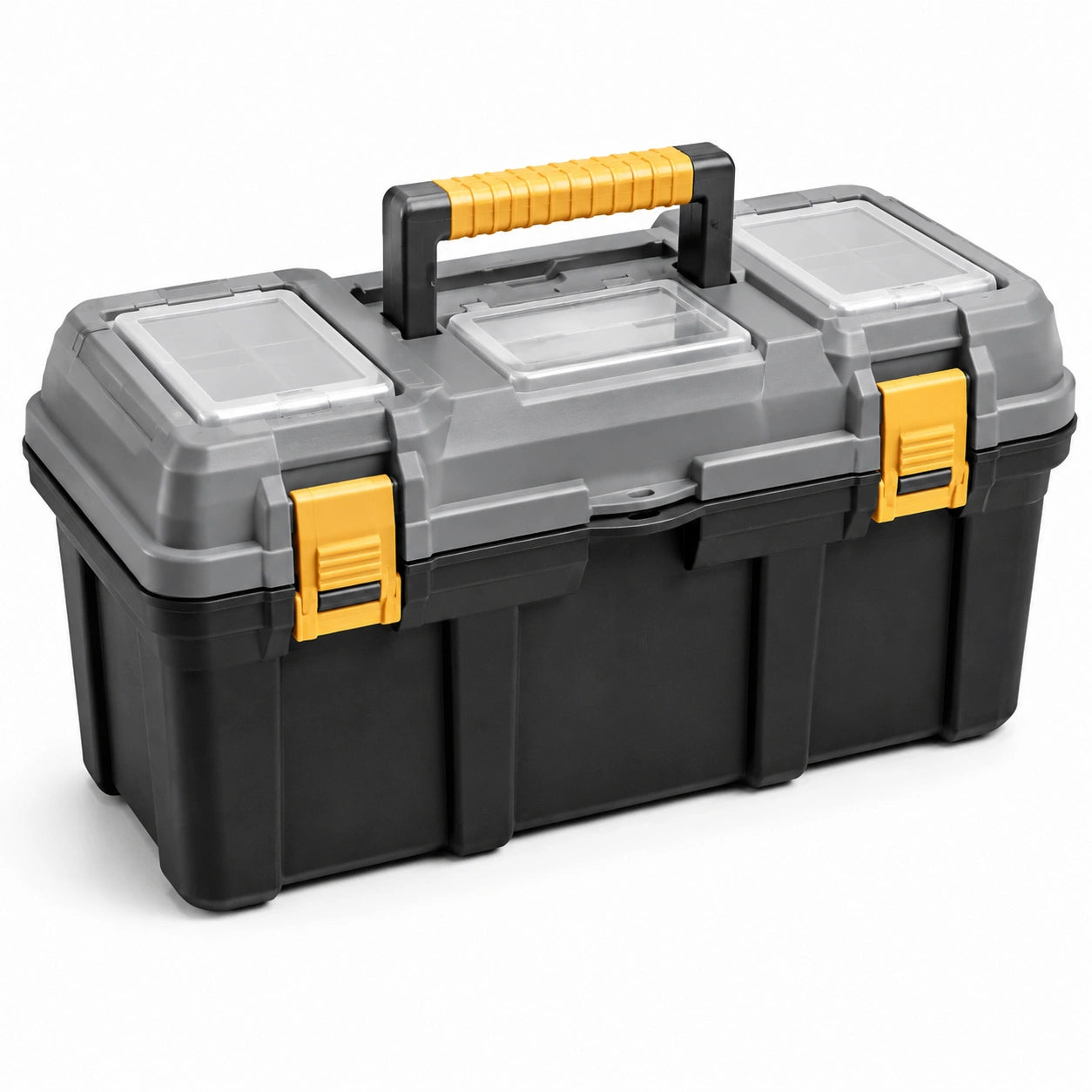 Coffre à outils en plastique noir et gris avec poignée jaune