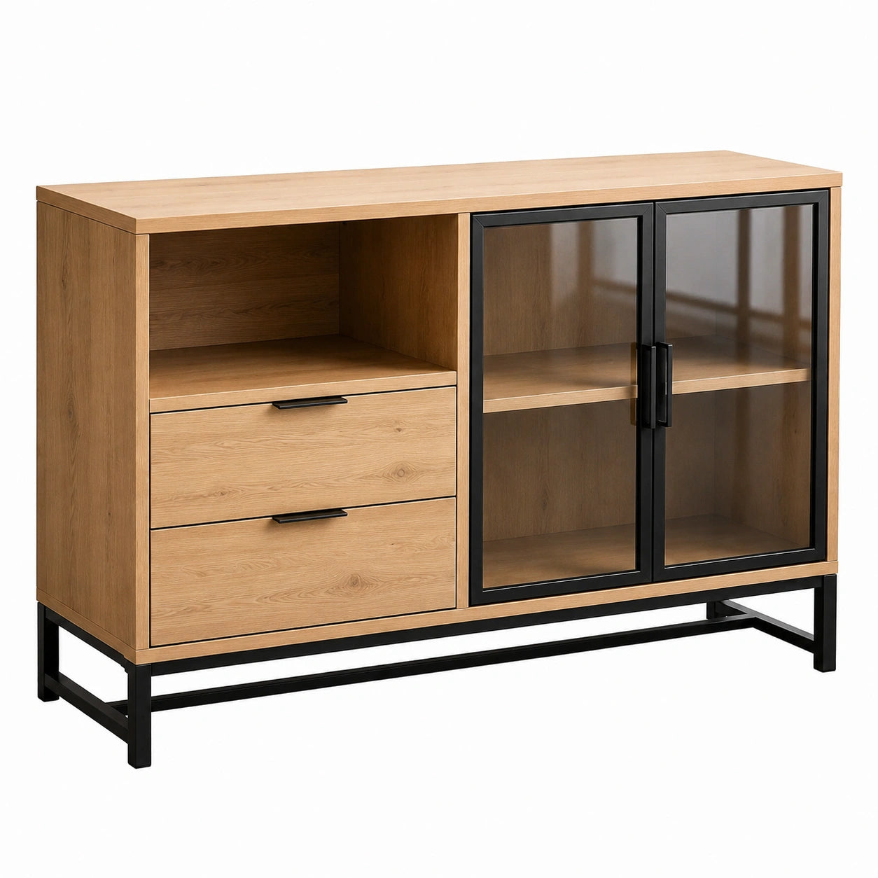 Buffet en bois avec portes en verre trempé et tiroirs 120x40x80 cm