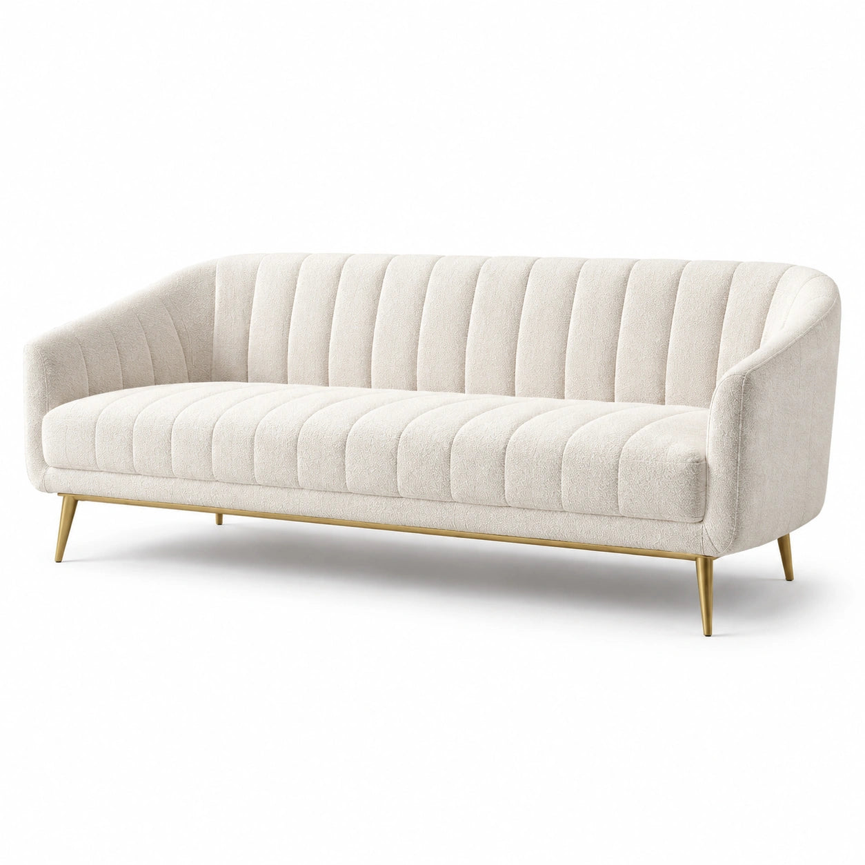 Canapé en tissu polyester beige avec pieds en métal doré