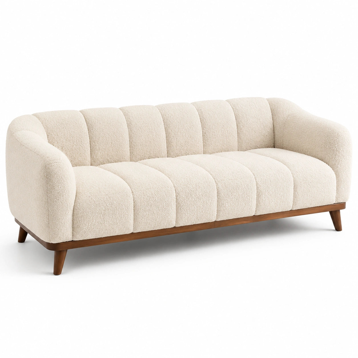 Canapé 3 places en tissu bouclé beige avec structure en bois