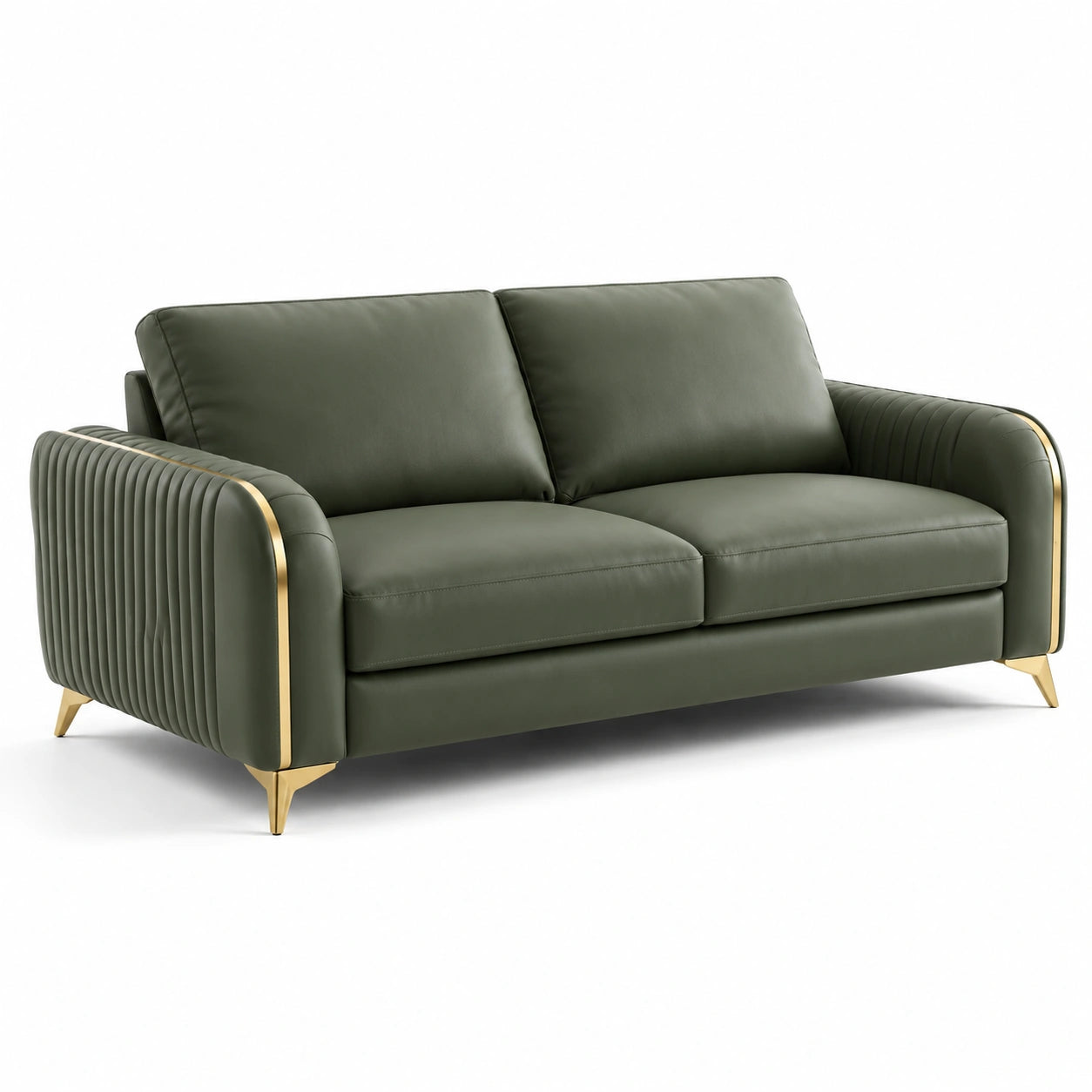 Canapé en cuir synthétique vert olive avec pieds métalliques dorés