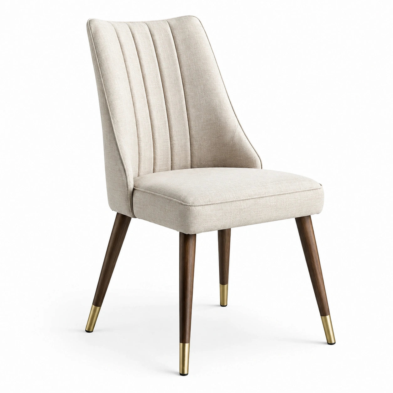 Chaise en tissu polyester beige avec pieds en bois massif et embouts dorés