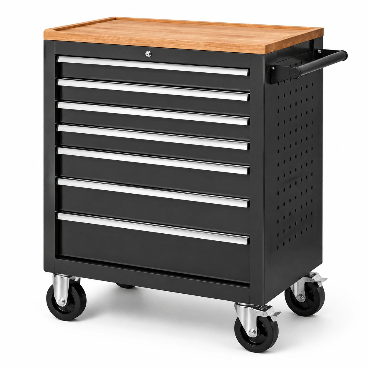 Chariot à outils en métal noir avec plateau en chêne