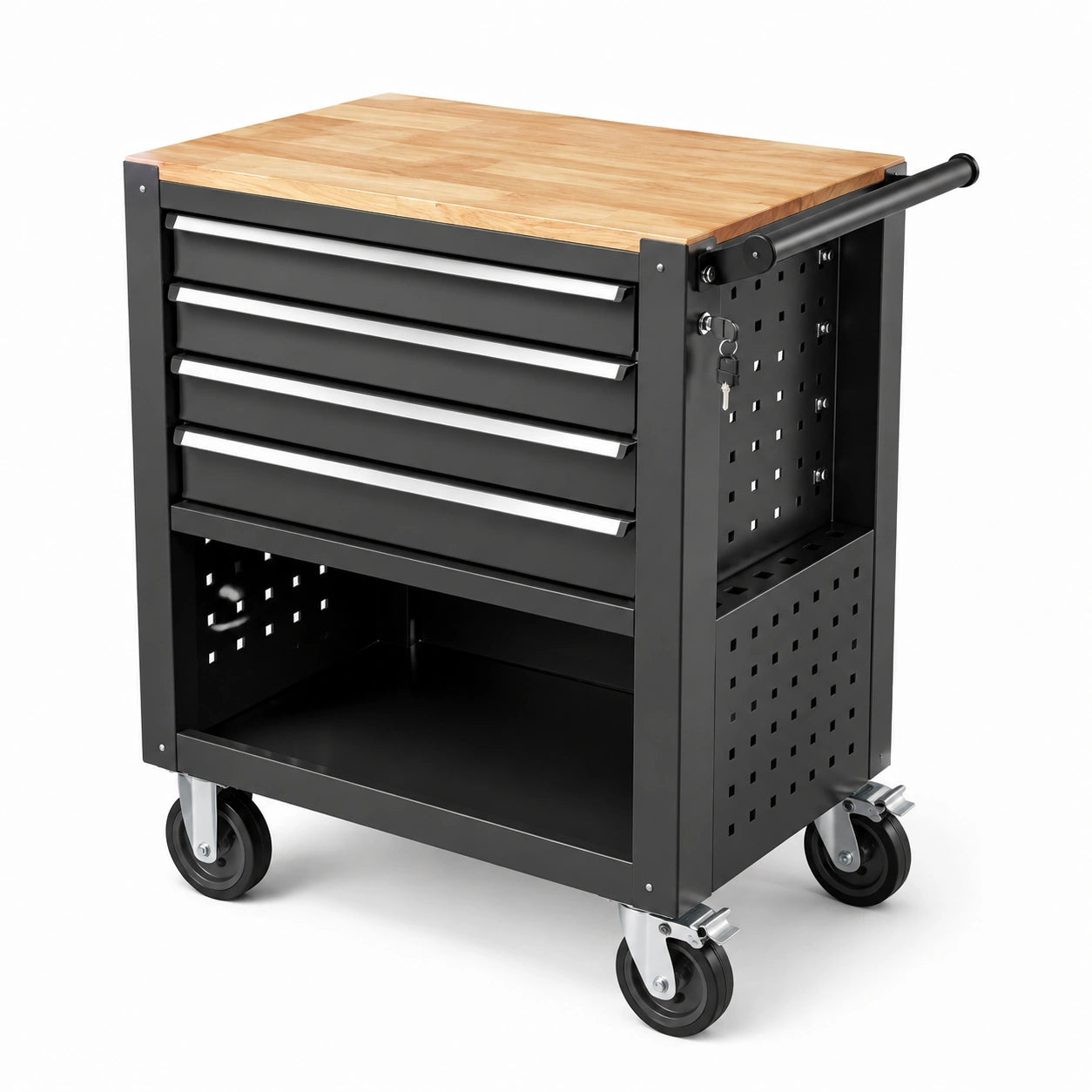Chariot d'outils en métal avec plateau en bois et 5 tiroirs noir