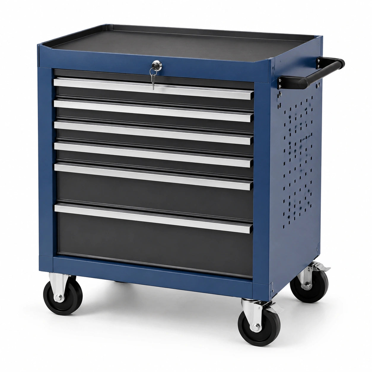 Chariot à outils en métal avec roulettes et 6 tiroirs verrouillables bleu