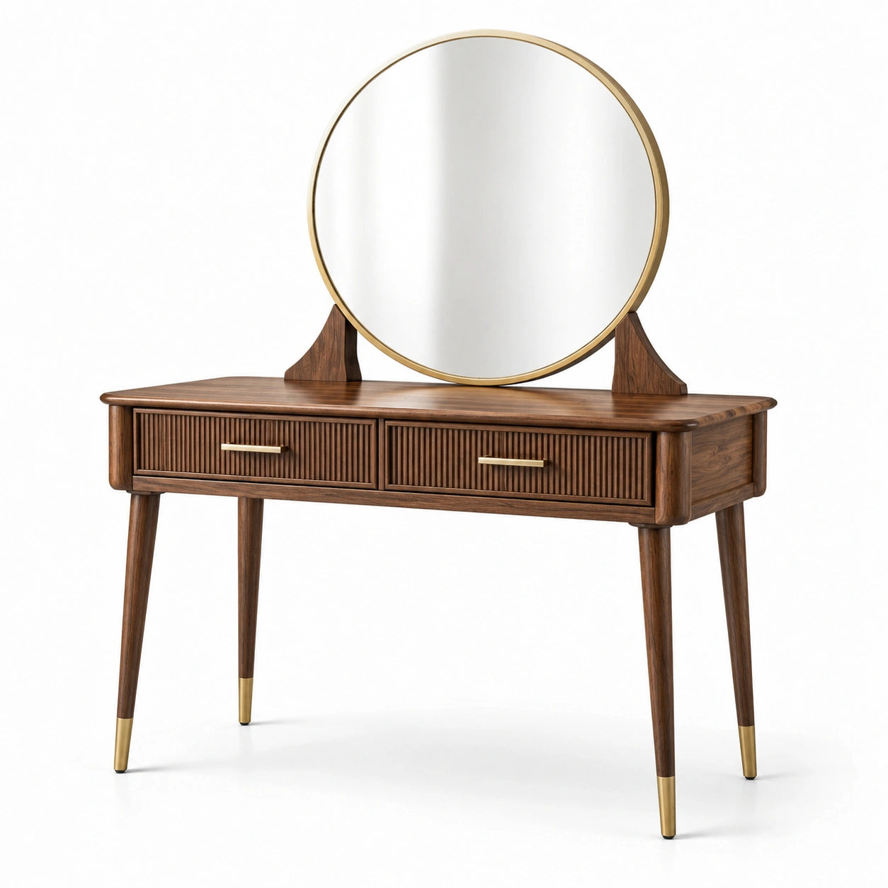 Coiffeuse en bois avec miroir rond et tiroirs en noyer/doré