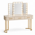 Coiffeuse en bois et métal avec miroir LED en verre trempé beige doré