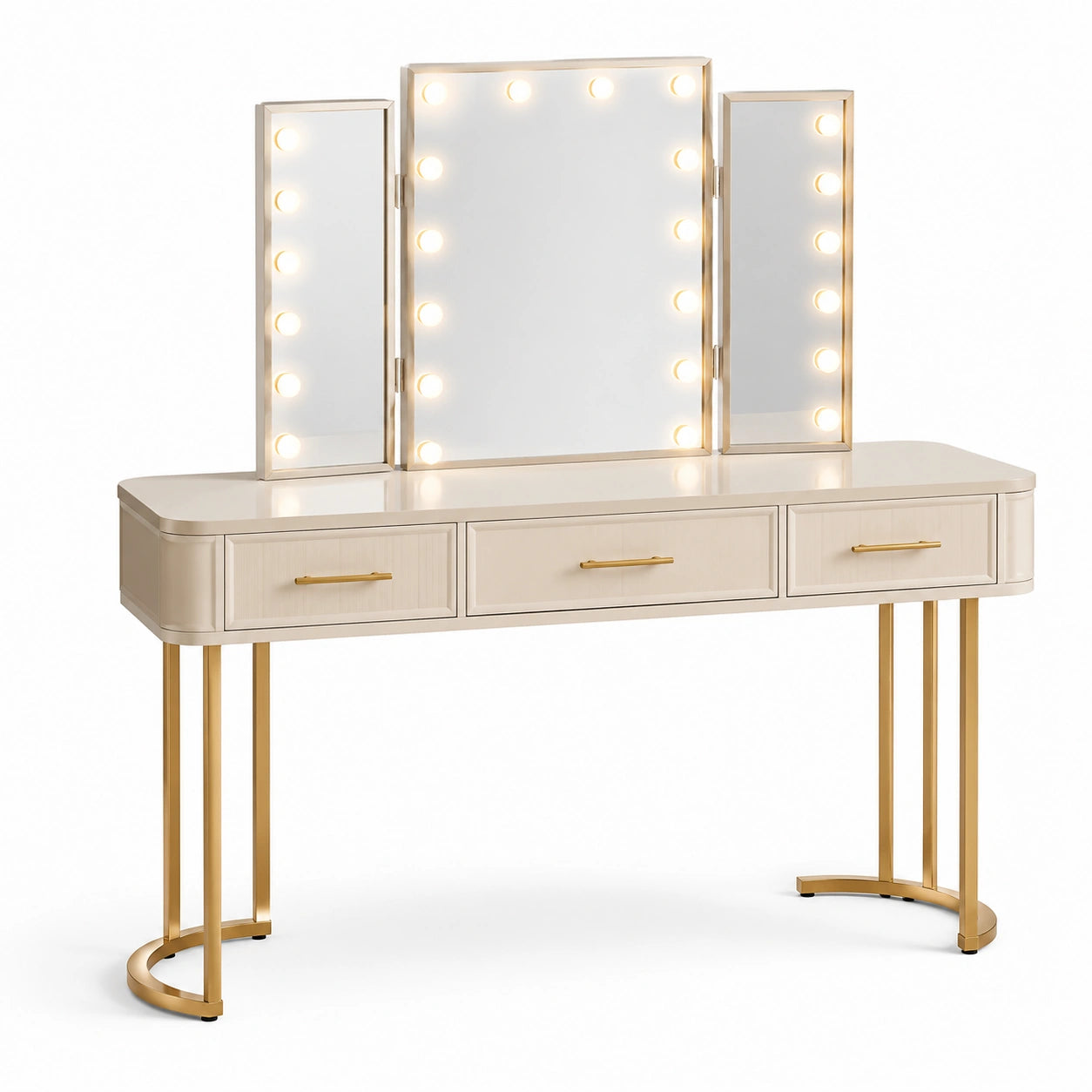 Coiffeuse en bois et métal avec miroir LED en verre trempé beige doré