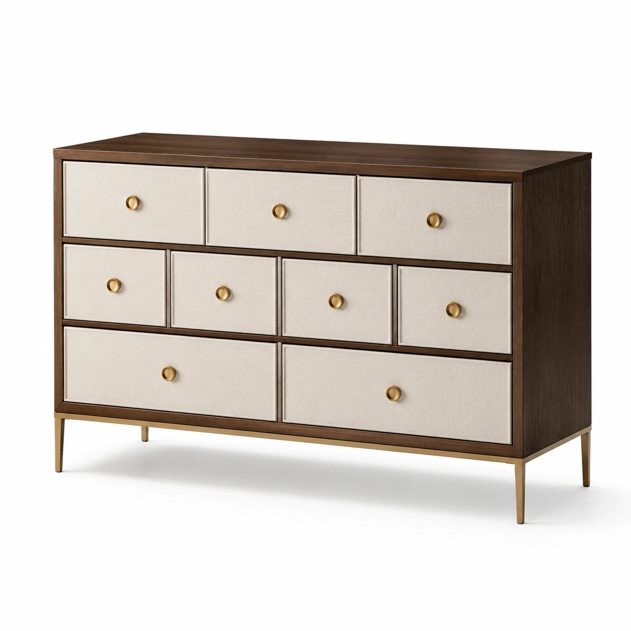 Commode en bois avec façades en lin beige et pieds métalliques dorés