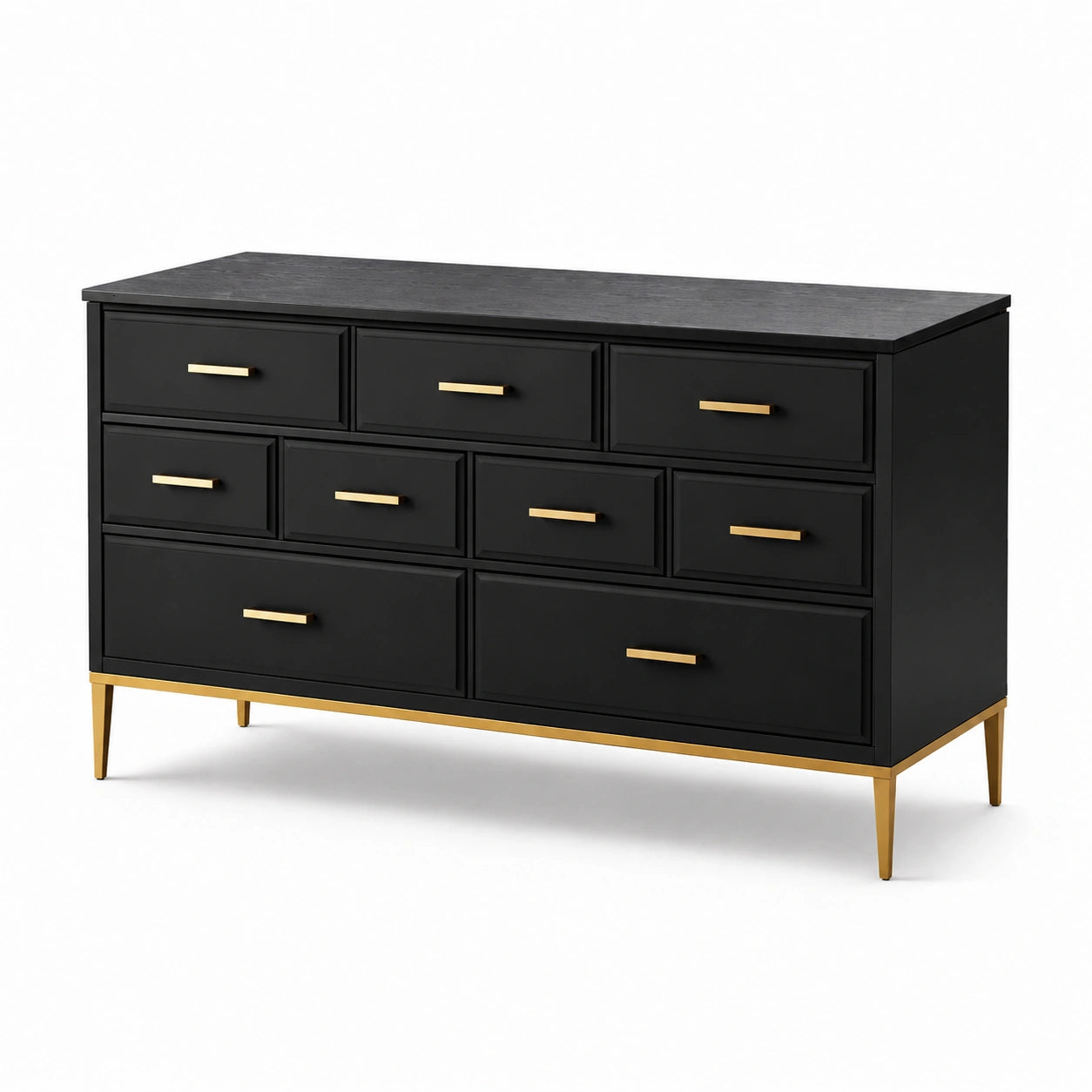 Commode en bois noir avec pieds en métal doré, 9 tiroirs