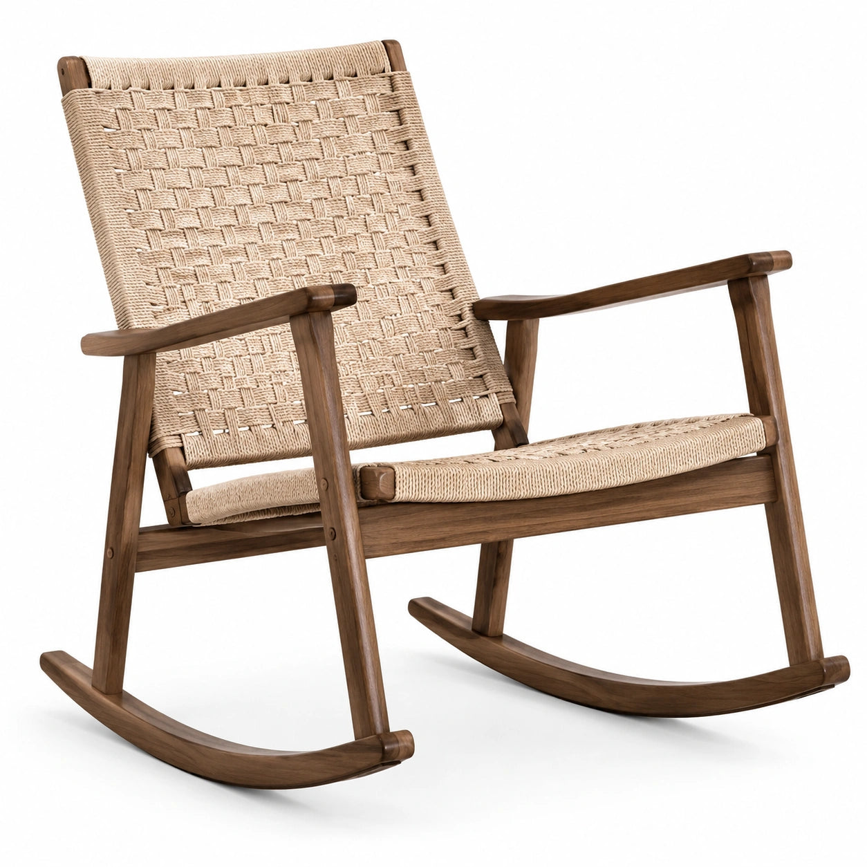 Chaise à bascule en bois avec assise en corde tissée beige