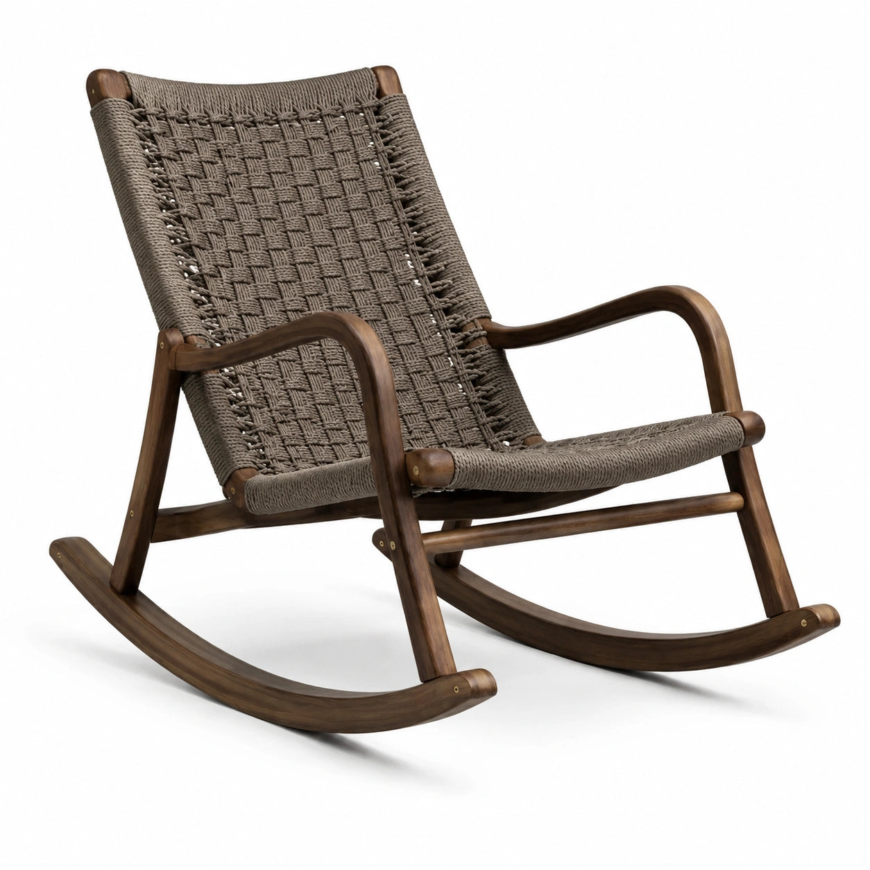 Chaise berçante en bois et corde tissée marron