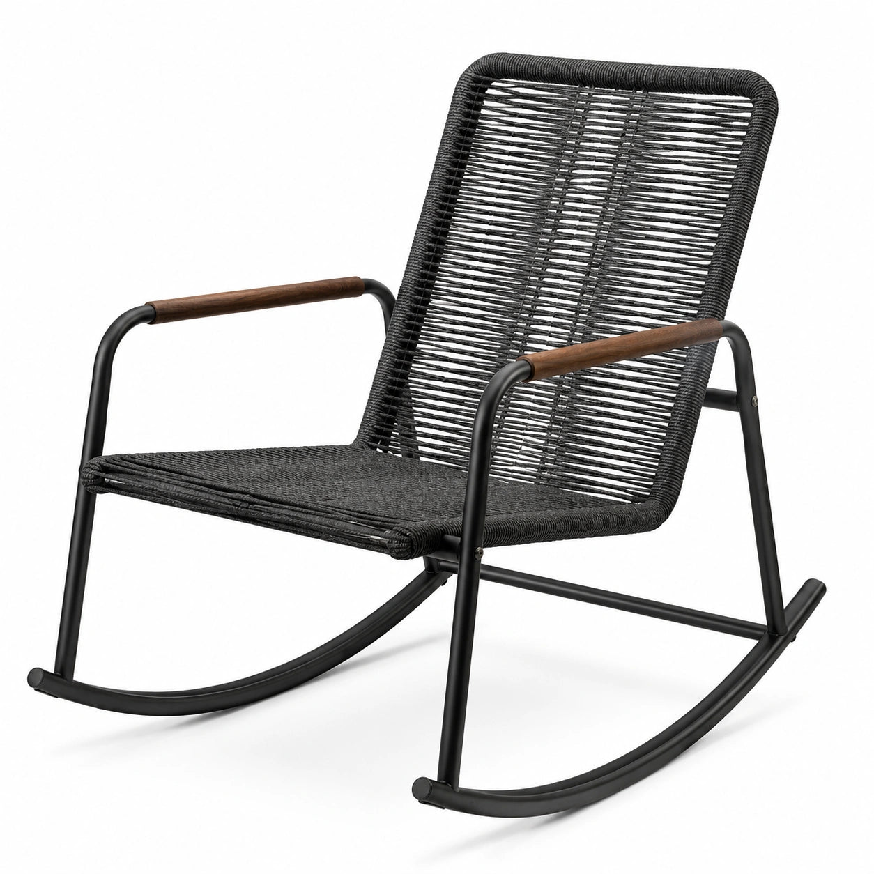 Chaise à bascule en métal et corde noire avec accoudoirs en bois